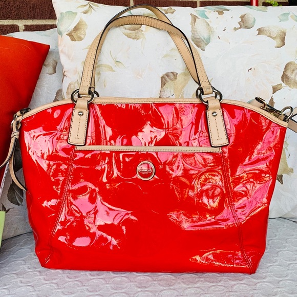 Coach Red Patent Embossed Large Satchel Bag - Picture 2 of 13